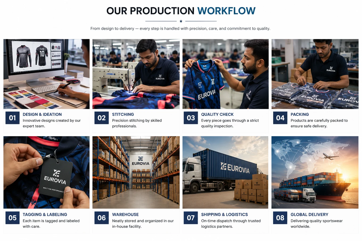 Eurovia Industry sportswear production workflow from design and stitching to packing and global delivery